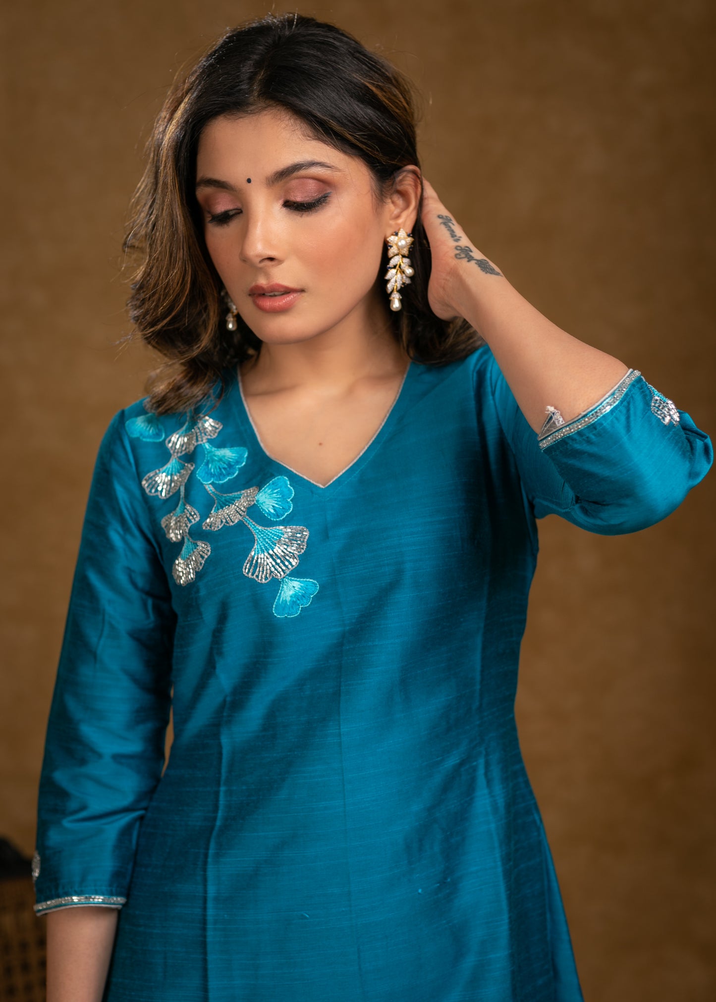 A Line Firozi Cotton Silk Kurta with Beautiful Glass Bead Embroidery