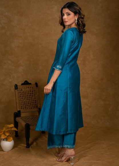 A Line Firozi Cotton Silk Kurta with Beautiful Glass Bead Embroidery