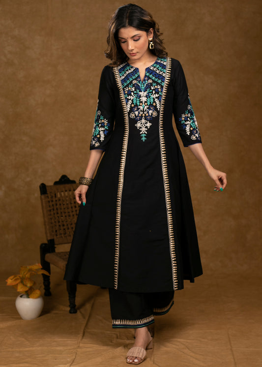 Exclusive Black Cotton Silk Kurta with Embroidered Panel Yoke & Sleeves