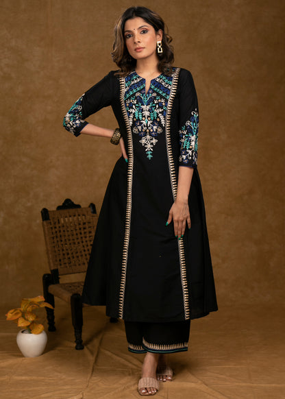 Exclusive Black Cotton Silk Kurta with Embroidered Panel Yoke & Sleeves