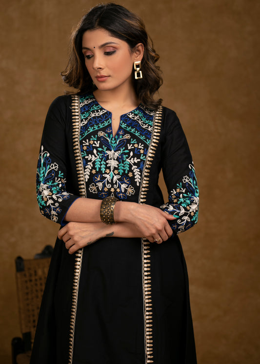 Exclusive Black Cotton Silk Kurta with Embroidered Panel Yoke & Sleeves
