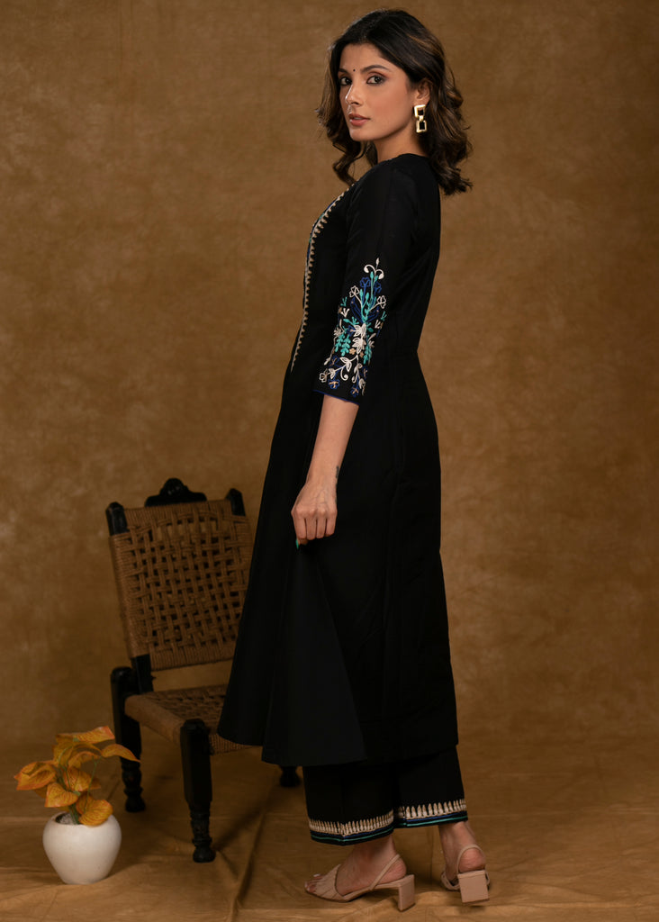 Exclusive Black Cotton Silk Kurta & Pant Set with Embroidered Panel Yoke & Sleeves