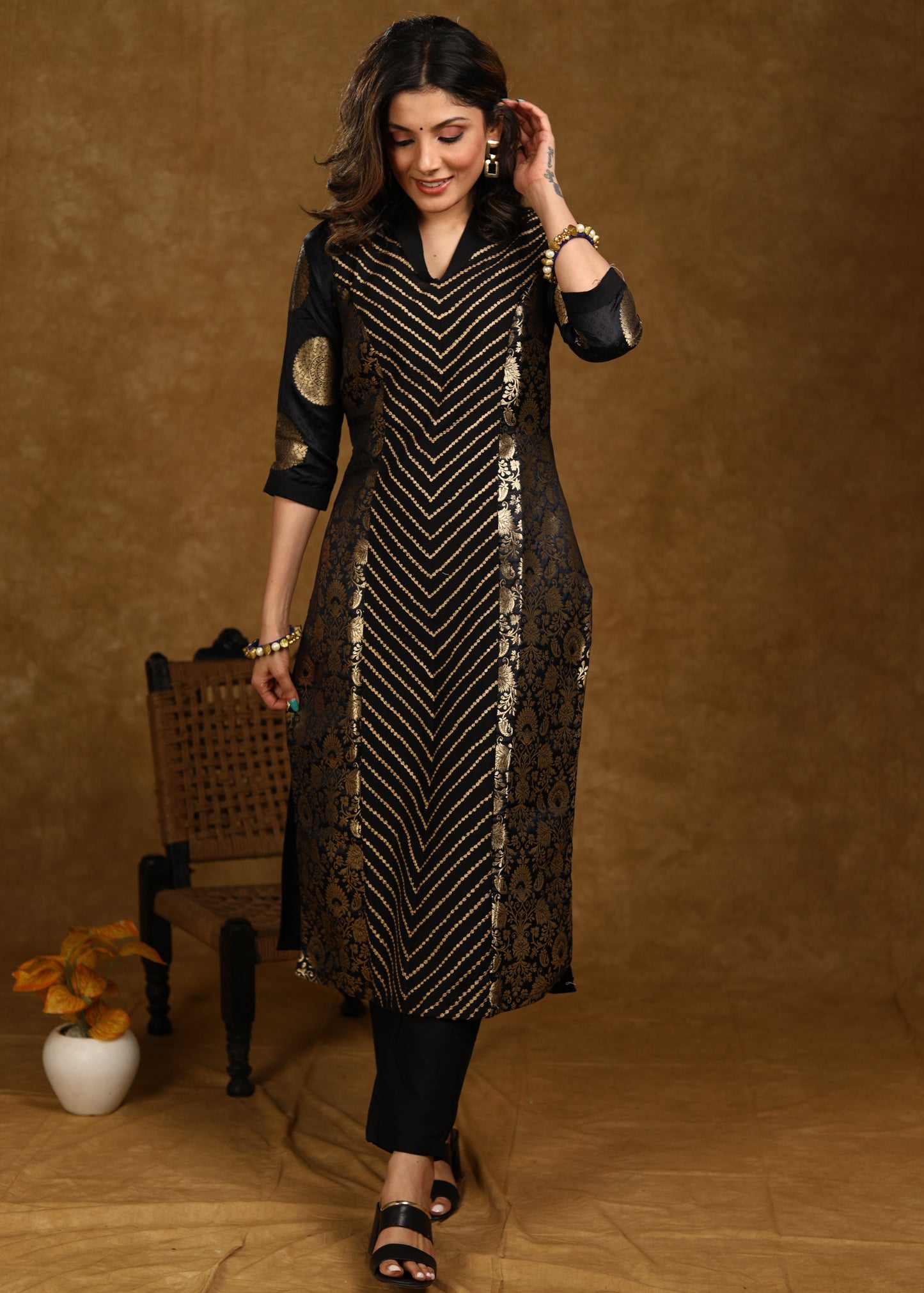 Party Wear Black Brocade Kurta with Intricate Front Embroidery Panel - Pant Optional
