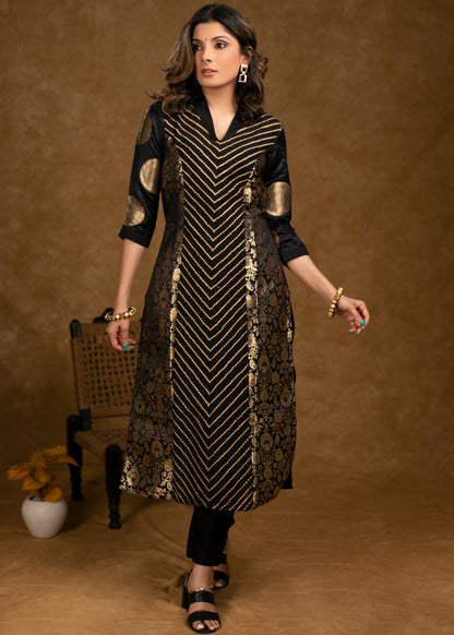 Party Wear Black Brocade Kurta with Intricate Front Embroidery Panel - Pant Optional