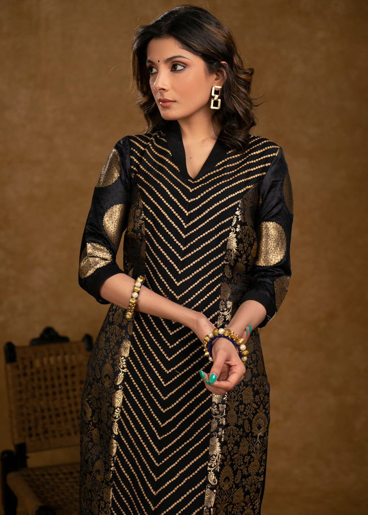 Party Wear Black Brocade Kurta with Intricate Front Embroidery Panel - Pant Optional