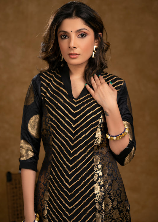 Party Wear Black Brocade Kurta with Intricate Front Embroidery Panel - Pant Optional