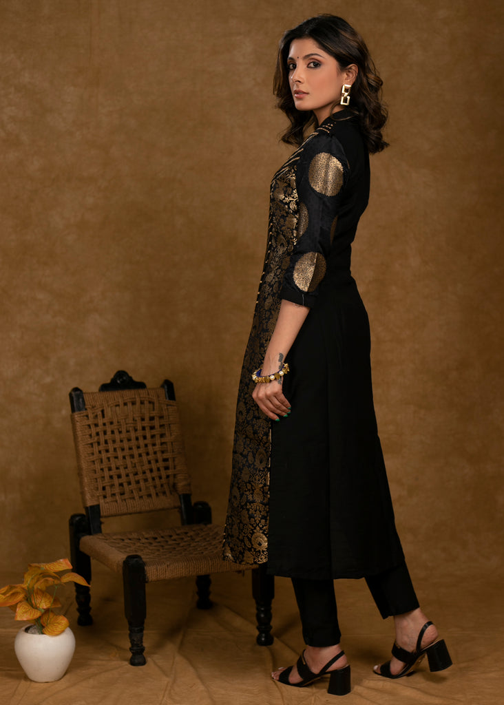 Party Wear Black Brocade Kurta with Intricate Front Embroidery Panel - Pant Optional