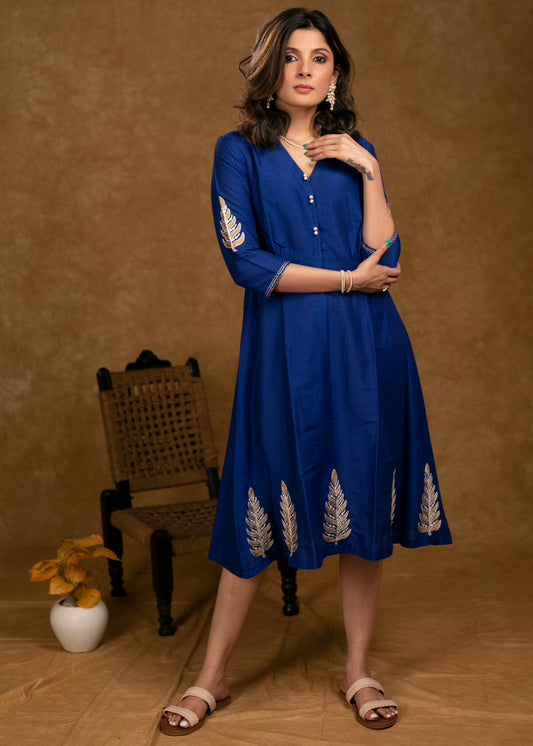 Elegant Royal Blue Cotton Silk Dress with Embroidery on Hemline and Sleeves