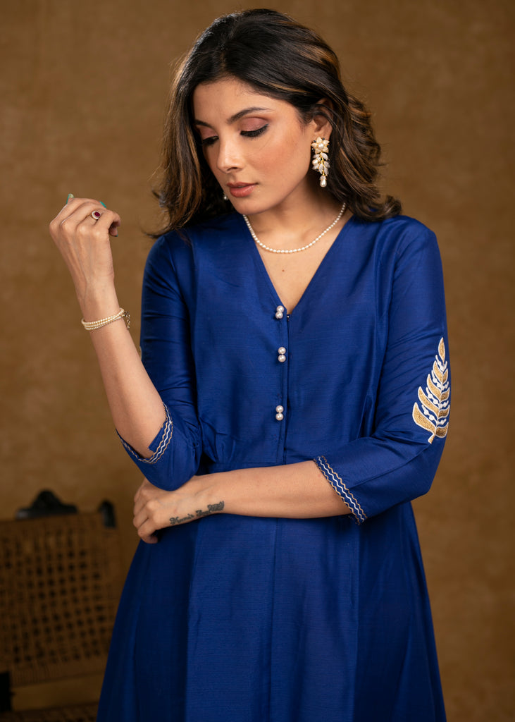 Elegant Royal Blue Cotton Silk Dress with Embroidery on Hemline and Sleeves
