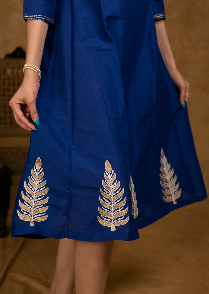 Elegant Royal Blue Cotton Silk Dress with Embroidery on Hemline and Sleeves