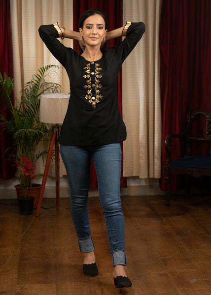 Black cotton top with elegant hand embroidery combination