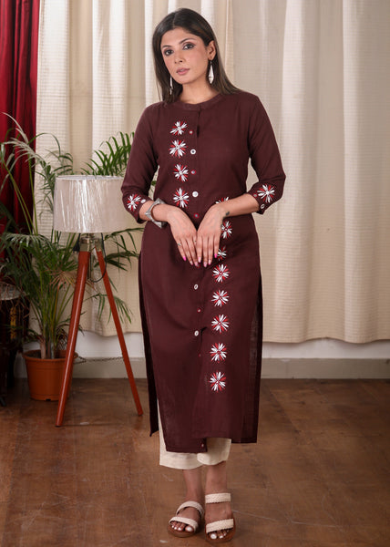 Brown Cotton Straight Cut Kurta with Gracefull Full length Hand Painted Mirror work .