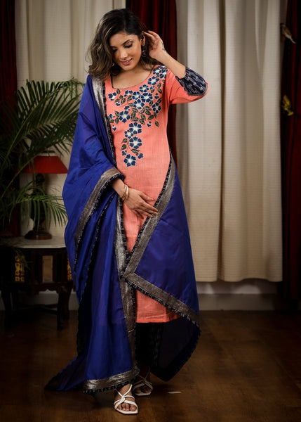 Graceful Blue Chanderi Dupatta with Ikat and Zari Combination