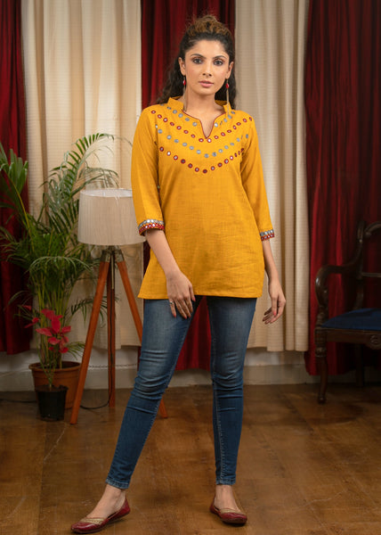 Mustard cotton top with embroidered patterns