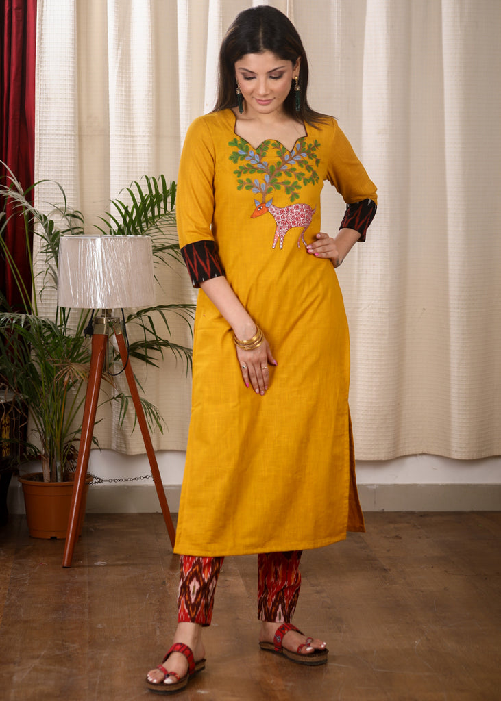 Elegant Straight Cut Mustard and Ikat Combination Kurta With Authentic Hand Gond Painting on the Yoke