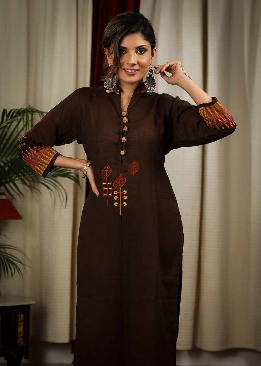 Straight Cut Coffee Brown Handloom Cotton Kurta with Elegant Embroidery Work and Ikat - Pant Optional