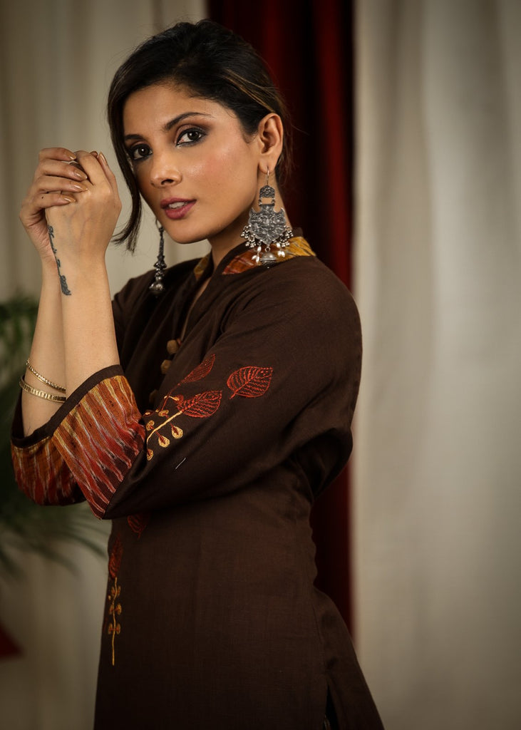 Straight Cut Coffee Brown Handloom Cotton Kurta with Elegant Embroidery Work and Ikat