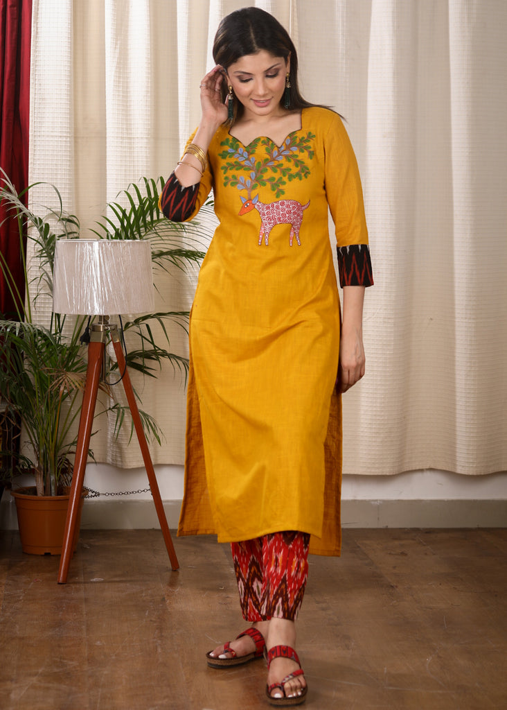 Elegant Straight Cut Mustard and Ikat Combination Kurta With Authentic Hand Gond Painting on the Yoke