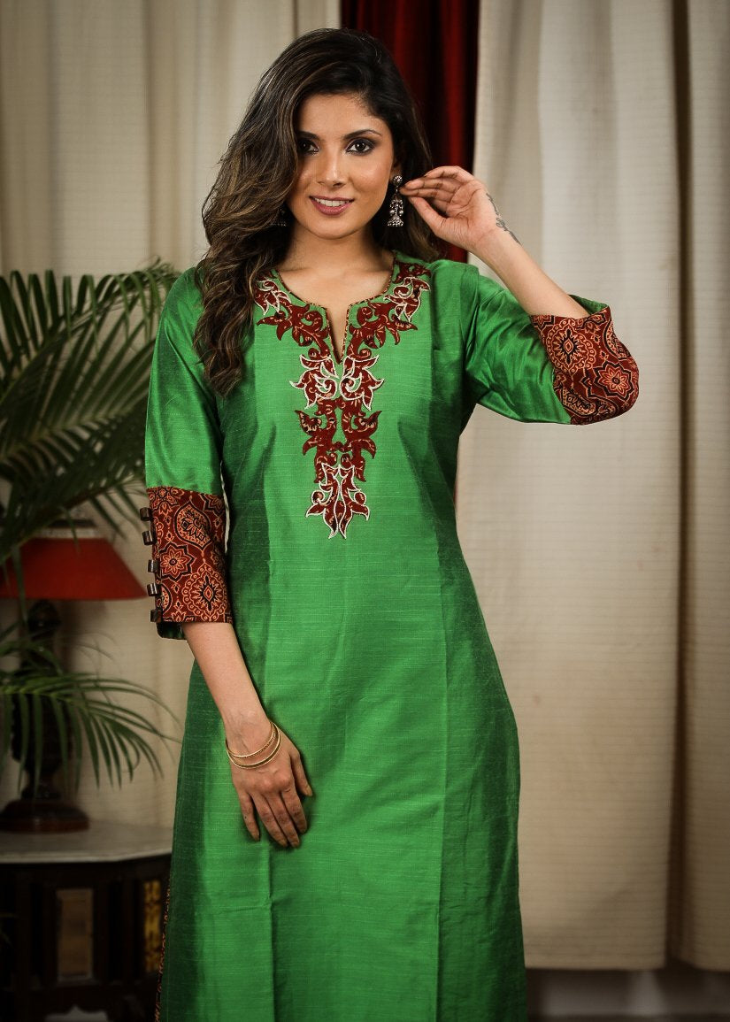 Straight Cut Green Cotton Silk Kurta with Ajrakh and Embroidered Patch Work - Pant Optional