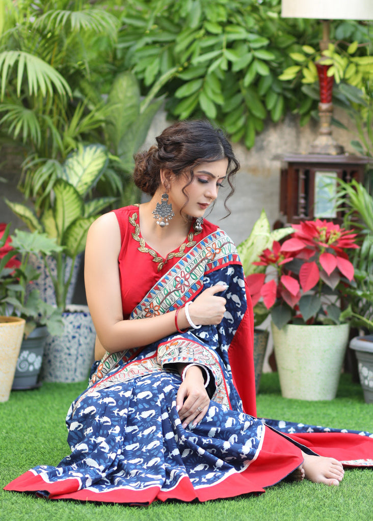Graceful Indigo print Cotton saree with maroon Cotton Silk Pallu and Madhubani border