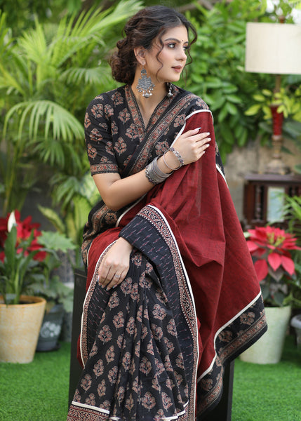 Lustrous black print and maroon Cotton combination saree with Exclusive Ikaat border