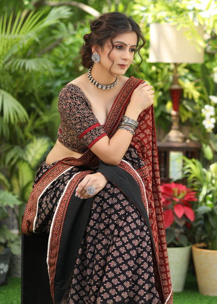 Classy black & maroon Ajrakh combination Cotton saree with black border