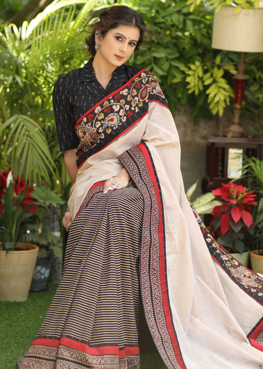 Regal cotton line Ajrakh saree with cream Pallu and Kalamkari border