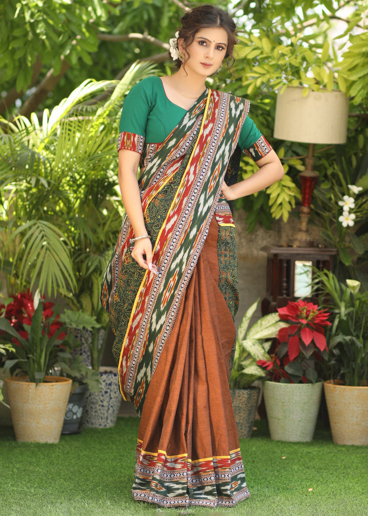 Standout brown Cotton saree with Ajrakh combination Pallu with Gorgeous Ikaat border