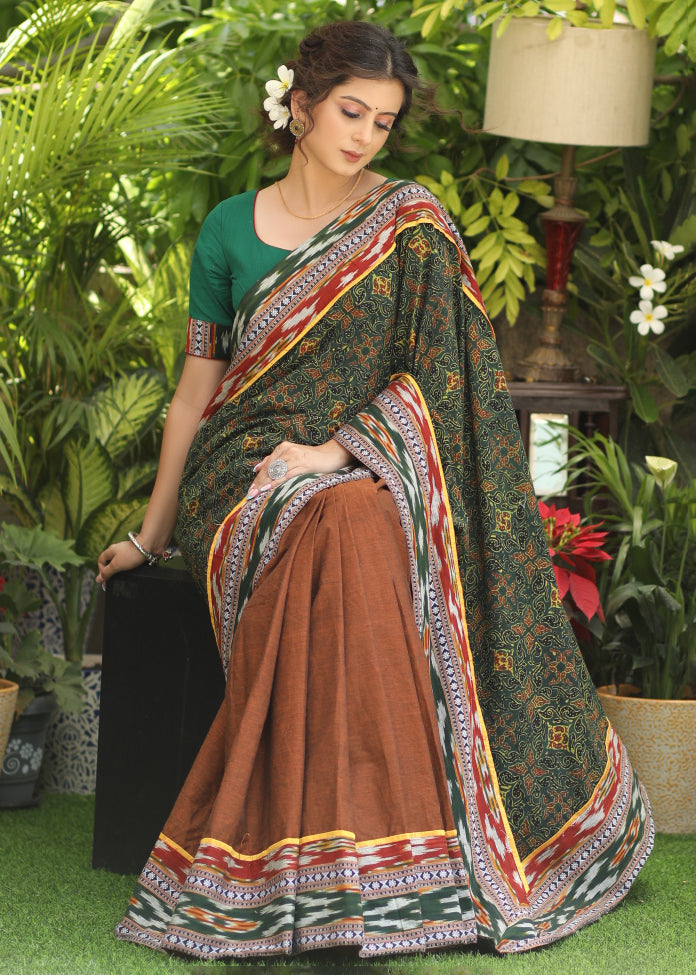 Standout brown Cotton saree with Ajrakh combination Pallu with Gorgeous Ikaat border