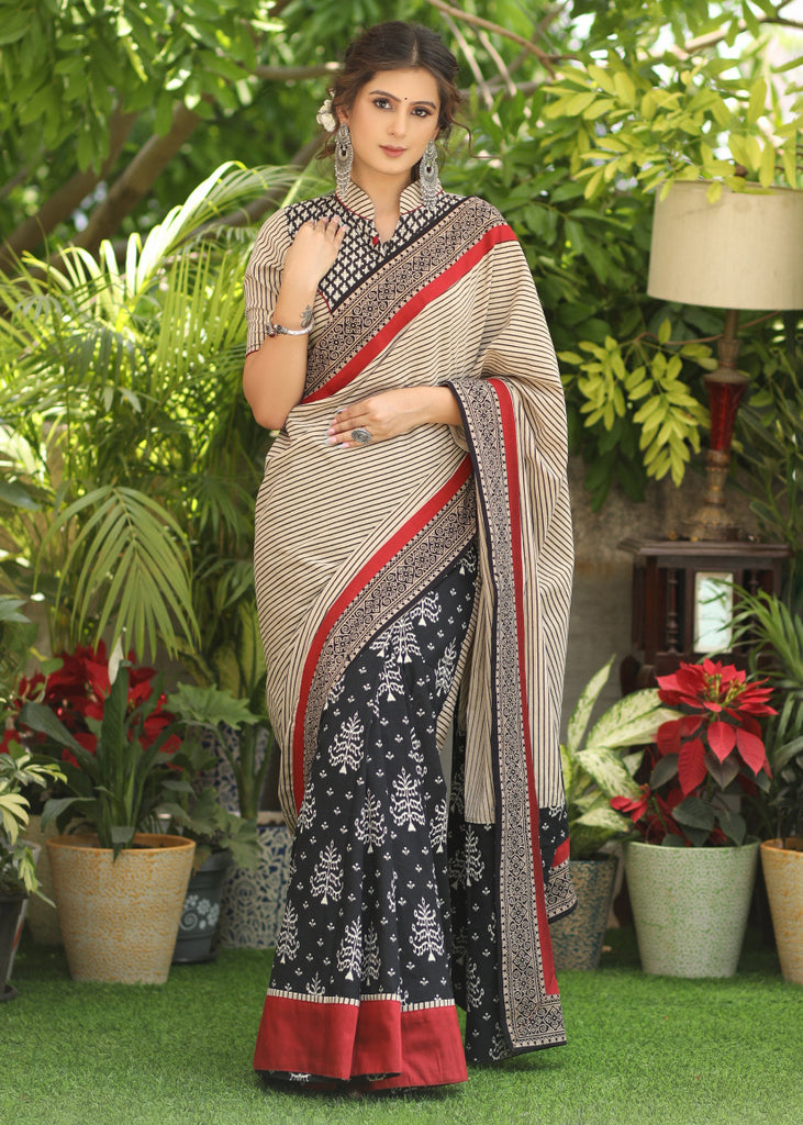 Gorgeous Black printed Cotton saree with line Ajrakh Pallu and maroon Cotton silk, Ajrakh combination border