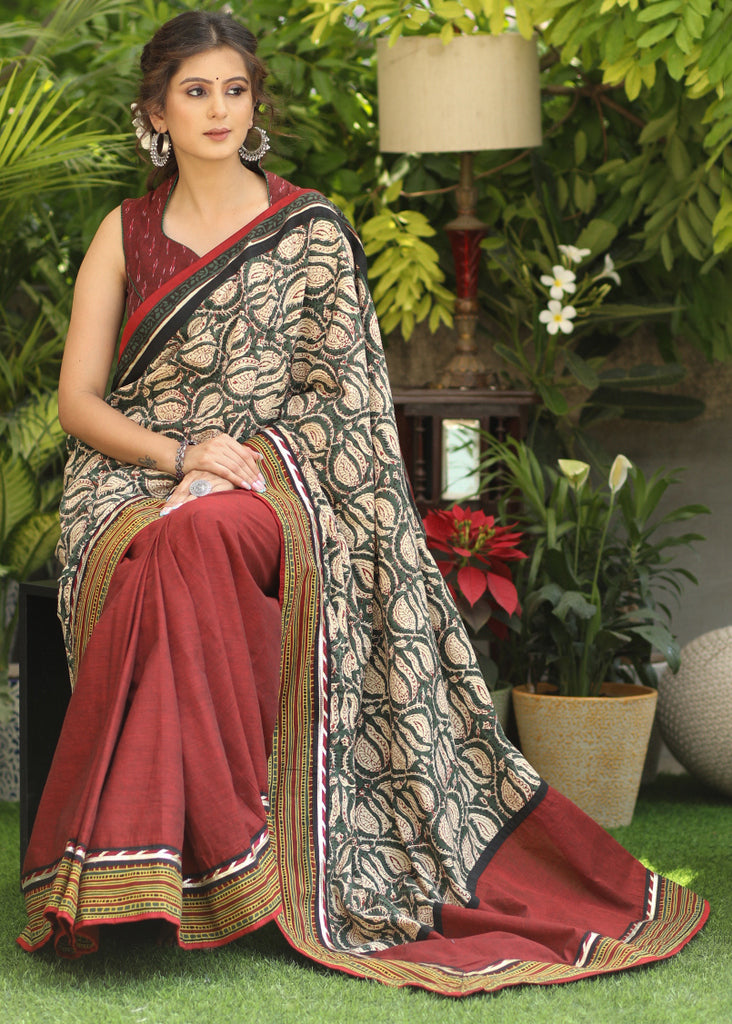 Handcrafted maroon Cotton saree with printed Pallu highlighted with Ajrakh border & Gotta Patti lace