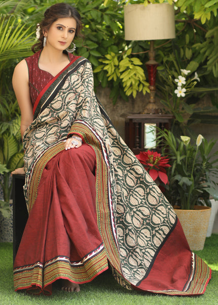 Handcrafted maroon Cotton saree with printed Pallu highlighted with Ajrakh border & Gotta Patti lace