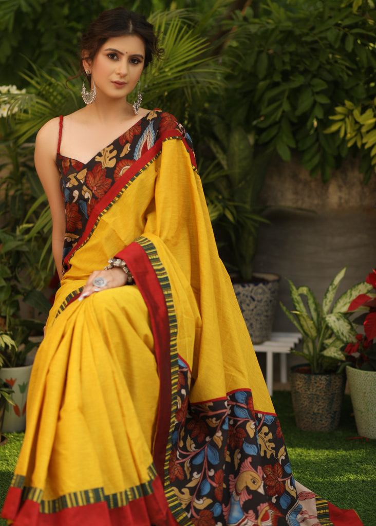 Surreal yellow Cotton saree with Handcrafted Kalamkari Pallu and border