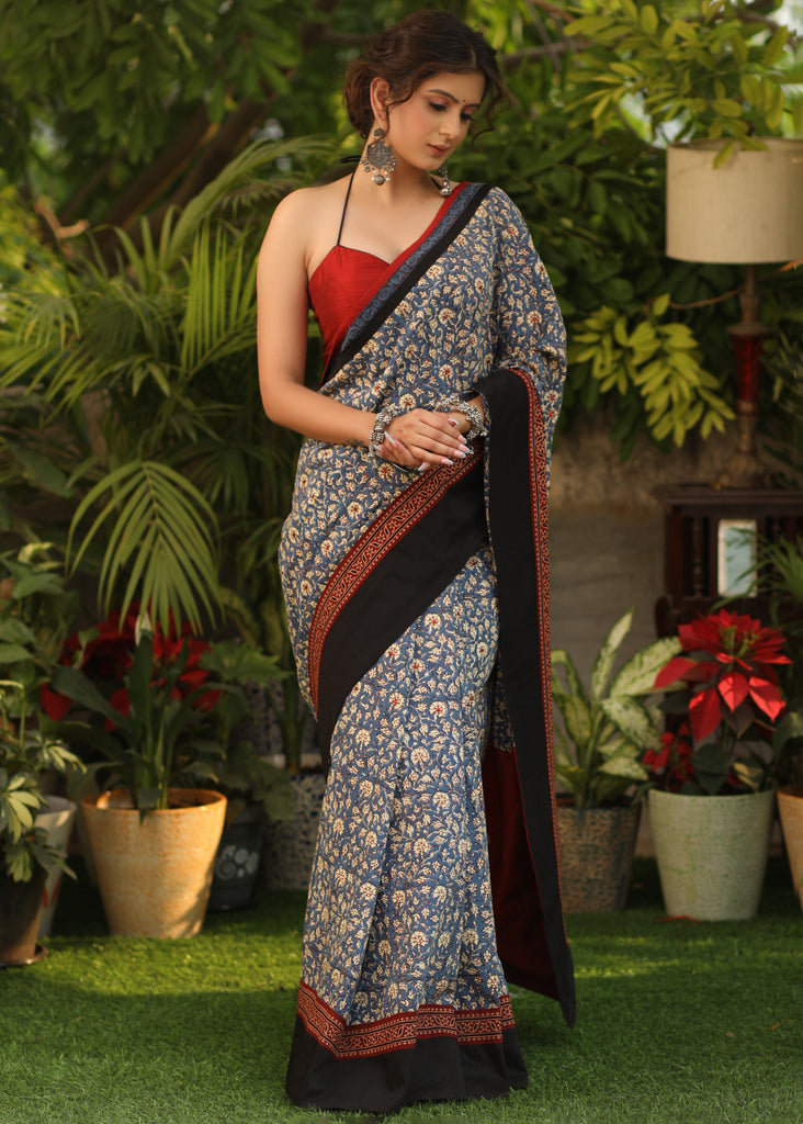 Spring bloom blue printed saree with Ajrakh and Cotton silk combination border with red stone Embellishment
