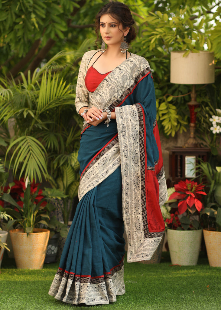 Exceptional Teal blue Cotton saree with Madhubani printed border