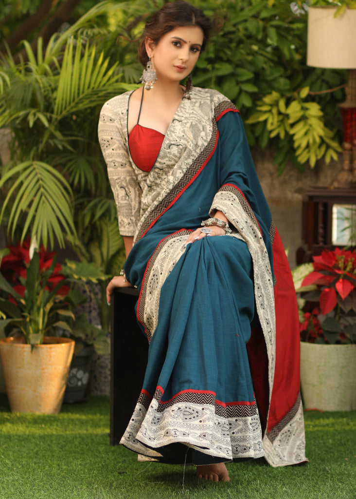 Exceptional Teal blue Cotton saree with Madhubani printed border
