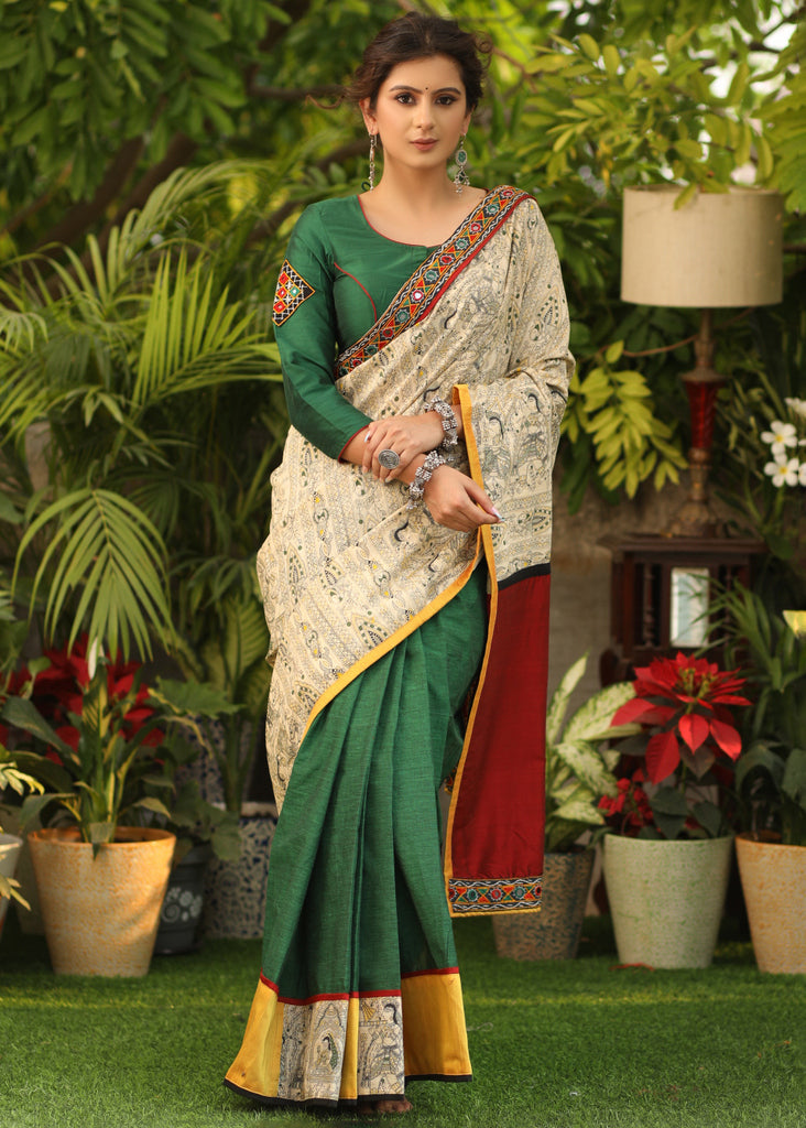 Regal bottle green Cotton saree with Madhubani print Pallu & Mirror work border