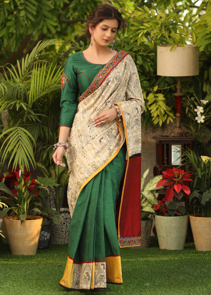 Regal bottle green Cotton saree with Madhubani print Pallu & Mirror work border