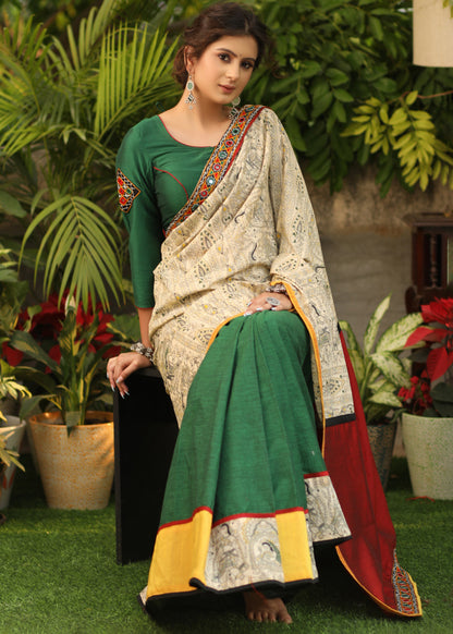 Regal bottle green Cotton saree with Madhubani print Pallu & Mirror work border