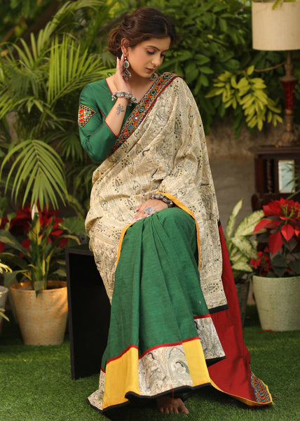 Regal bottle green Cotton saree with Madhubani print Pallu & Mirror work border