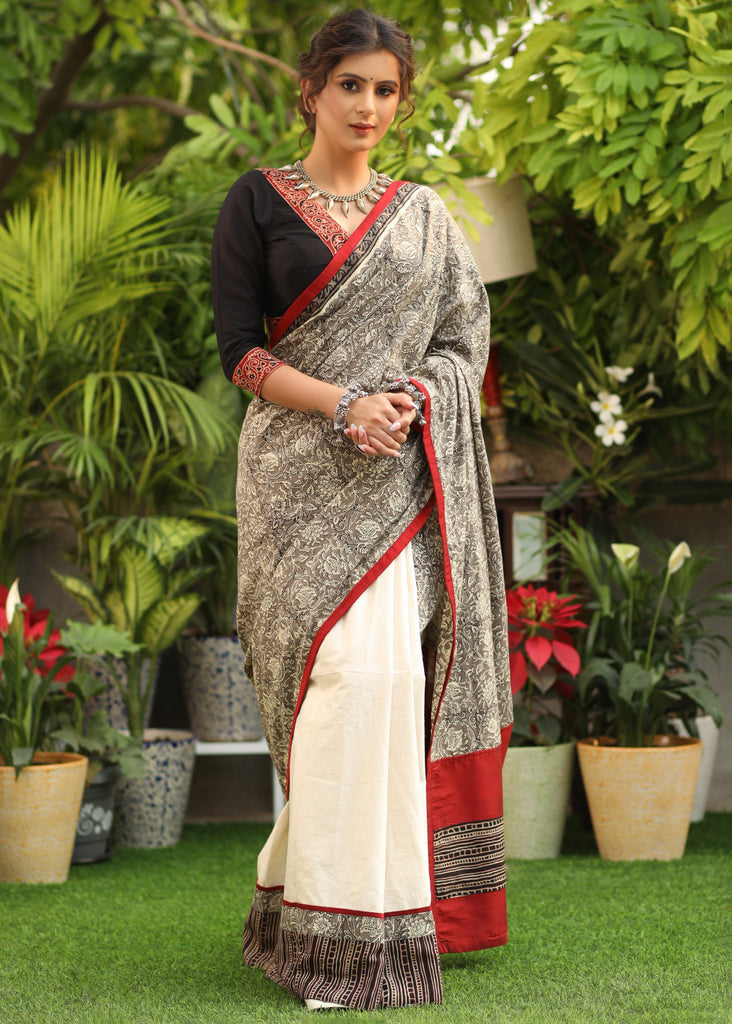 Stylish off-white Cotton saree with Printed combination Pallu, maroon & Ajrakh border