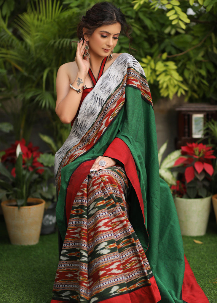 Serene Ikat cotton saree with green pallu and grey pleated border