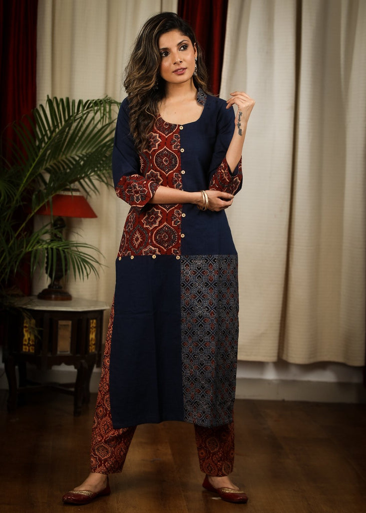 Stright Cut Cotton Handloom Kurta with Classy Blend of Ajrakh Fabric