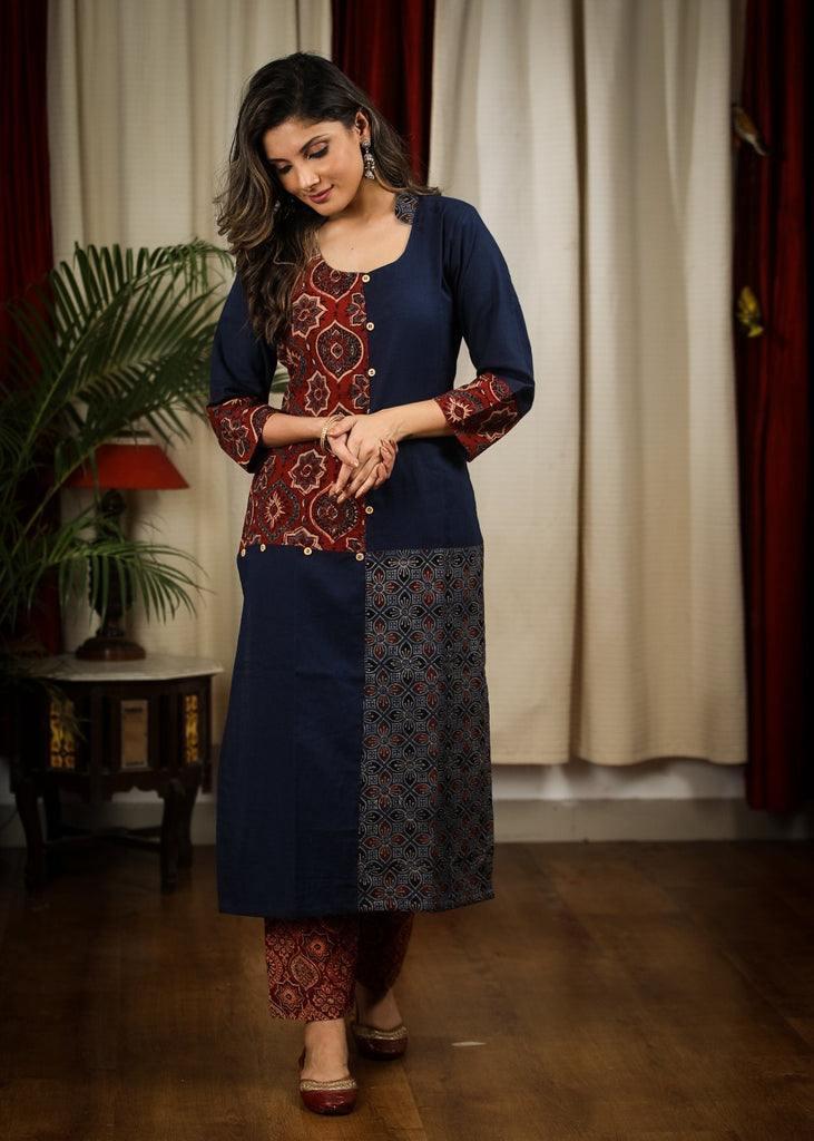 Stright Cut Cotton Handloom Kurta with Classy Blend of Ajrakh Fabric