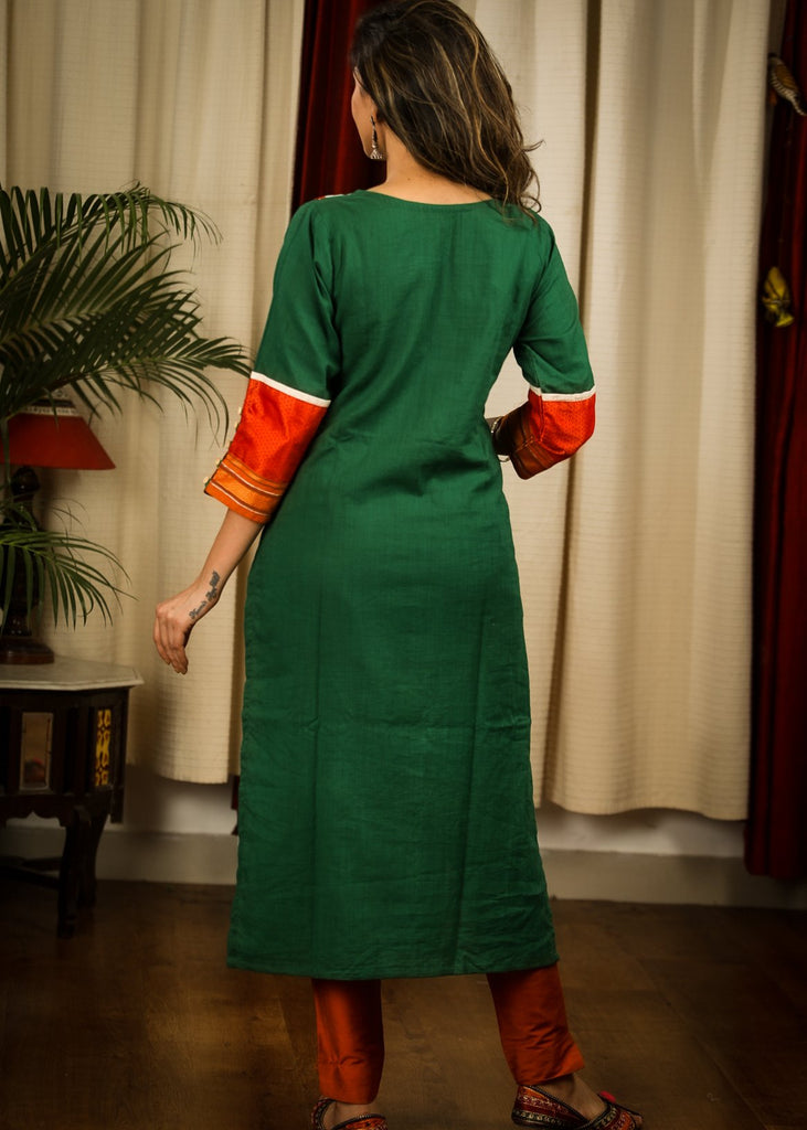 Straight Cut green Cotton Handloom Kurta with Exclusive Hand painted Madhubani Yoke and Khun Sleeves