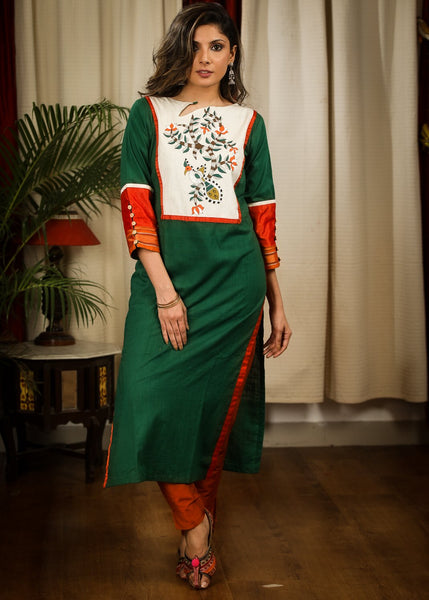 Straight Cut green Cotton Handloom Kurta with Exclusive Hand painted Madhubani Yoke and Khun Sleeves