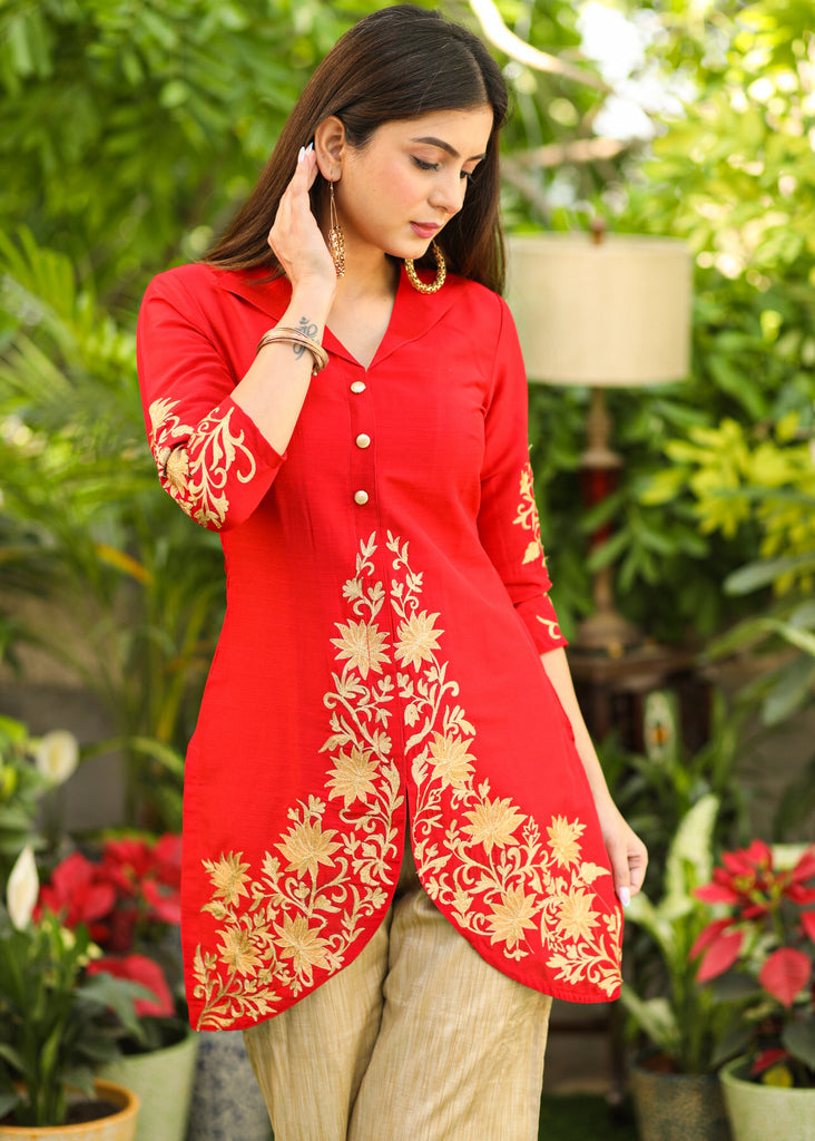 Exclusive Cotton Silk Tunic with Zari Embroidery on Hem and Sleeves - Pant Optional