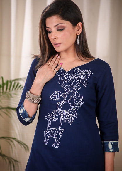 Stunning Pure Cotton Straight Cut Kurta with Exclusive Hand painting and Ikat