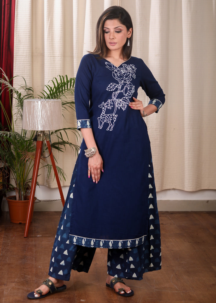 Stunning Pure Cotton Straight Cut Kurta with Exclusive Hand painting and Ikat