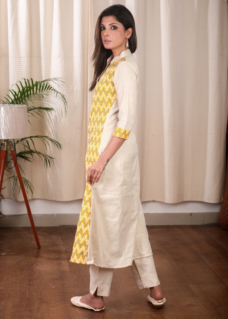 Simple and Elegant A line Pure Cotton Kurta With Chikankari  Side panel and Contrast Buttons